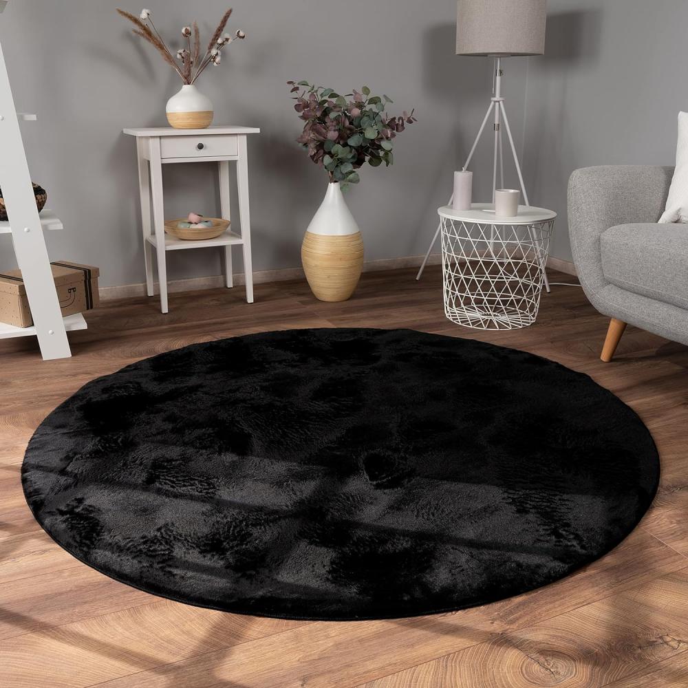 Paco Home Hochflor Teppich Wohnzimmer Flauschig Fellteppich Kunstfell Plüsch Shaggy Weich Fellimitat, Grösse:120 cm Rund, Farbe:Schwarz Bild 1