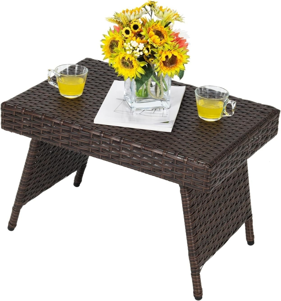 COSTWAY klappbar Rattantisch, Beistelltisch Gartentisch Polyrattan, Balkontisch mit PVC-Platte, Teetisch für Garten Wohnzimmmer Balkon, Braun… Bild 1