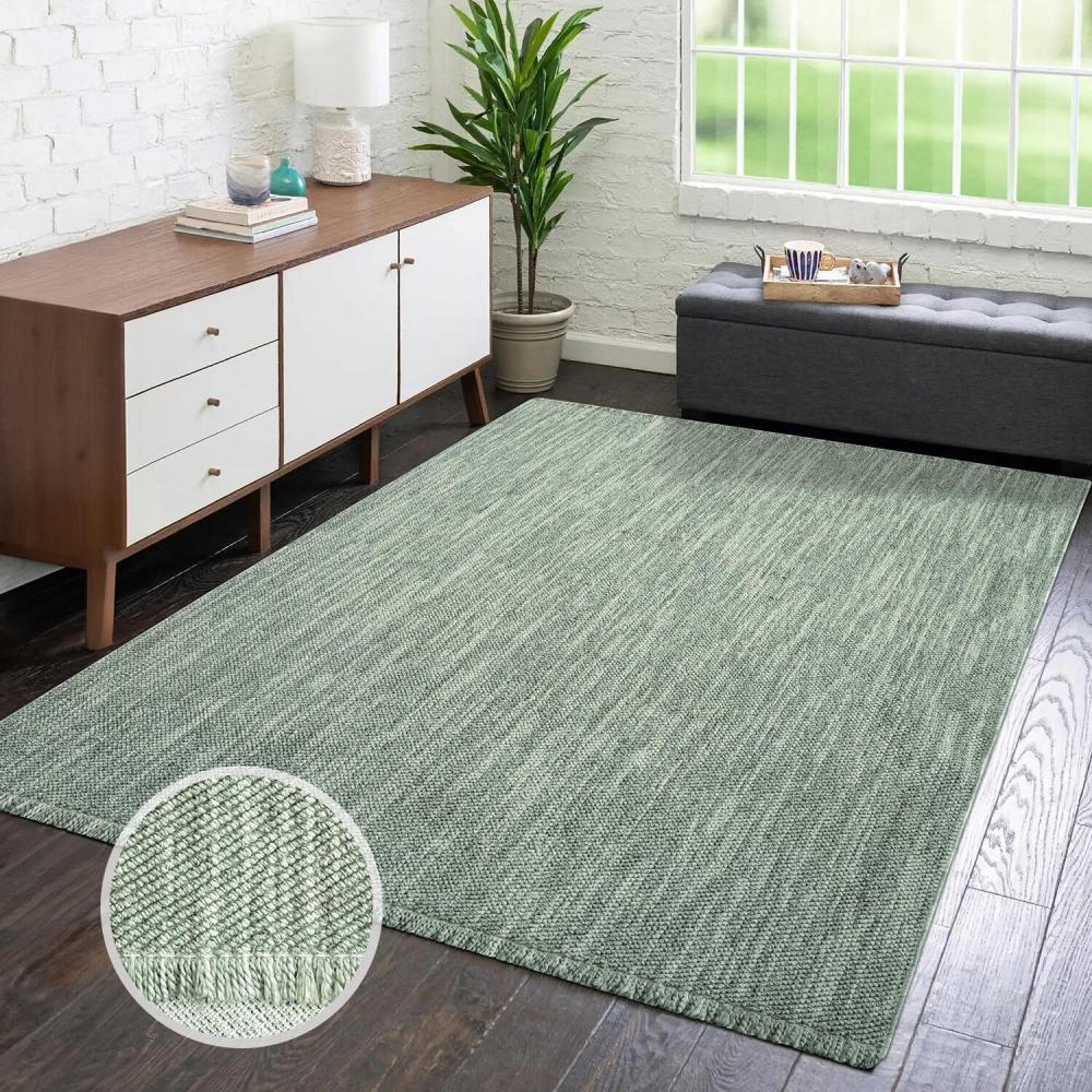 carpet city Teppich Kurzflor Wohnzimmer - Grün - 200x290 cm - Teppiche Fransen Boho-Style - Einfarbig - Schlafzimmer, Esszimmer Bild 1