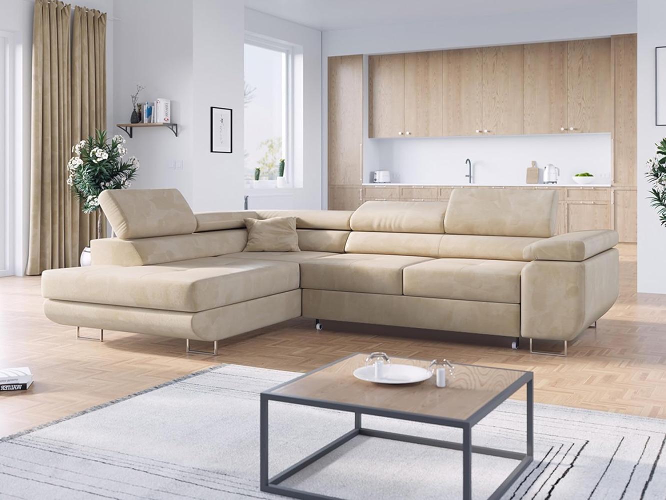 Ecksofa L-Form Couch mit Schlaffunktion und Verstellbare Kopfstützen - GUSTAW - Beige Velours - Links Bild 1