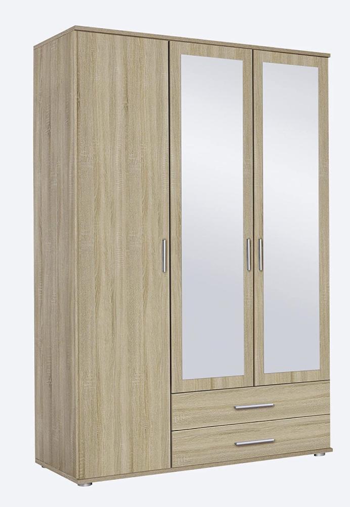 Rauch Möbel Rasant, Schrank Drehtürenschrank mit Spiegel inklusive 2 Schubladen, 3-türig, Zubehörpaket Basic 3 Einlegeböden, 1 Kleiderstange, Eiche Sonoma, 52 x 127 x 188 cm Bild 1