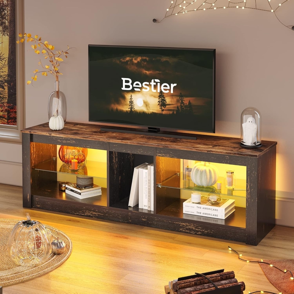 TV Stand Schrank 140CM Modernes TV Gerät mit Glasregal RGB LED Beleuchtet für 65" TVs TV Unterhaltungsgerät mit Ambient Lights für Wohnzimmer Schlafzimmer Bild 1