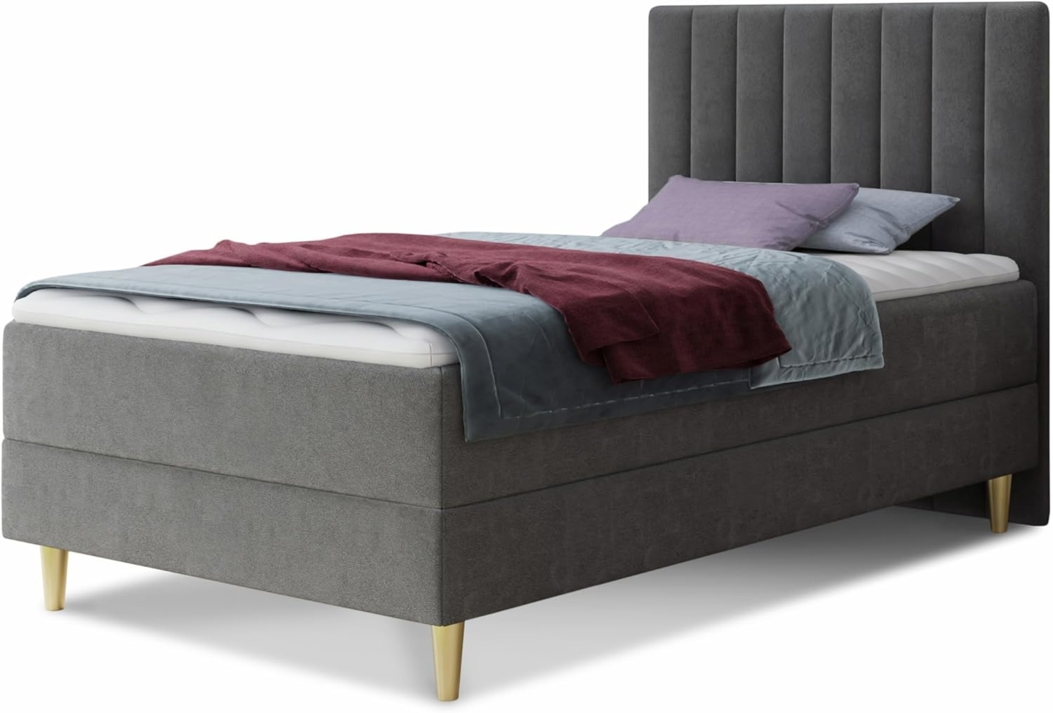 Boxspringbett Gold Mini mit Bettkasten, Bonell-Matratze und Topper - Einzelbett mit Matratzentopper, Polsterbett, Bett, Schlafzimmer, Jugendzimmer, Velours Stoff (Grau (Manila 16), 120 x 200 cm) Bild 1