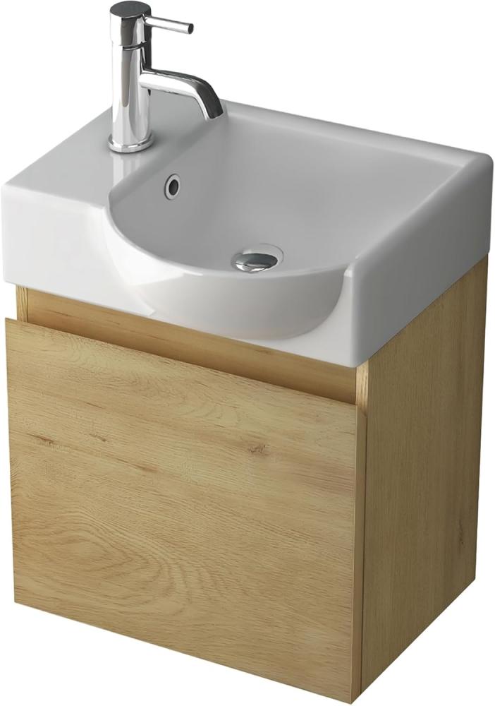 Alpenberger Badmöbel-Set - Gäste WC Waschbecken mit Unterschrank 45 cm Breit, (Badschrank 2-tlg, Waschtisch hängend), Waschbeckenunterschrank mit Softclose - Eiche Natur - Rechts Becken Bild 1