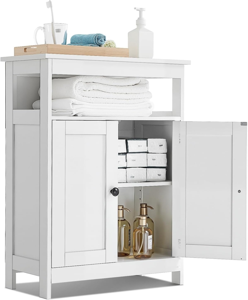 VEVOR Badezimmerschrank Badschrank 3-stufig aus Holz mit 2 Türen & verstellbarem Regal, Bodenschrank für Küche/Wohnzimmer/Eingangsbereich, multifunktionaler Aufbewahrungsschrank Küchenschrank Bild 1