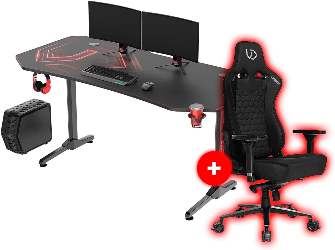 ULTRADESK Frag XXL 160x75 cm + Throne Gaming Stuhl, Gamer Tisch mit großer Arbeitsfläche & XXL-Pad, 2 Kabeldurchlässe, Fach für Steckdosenleisten, Stahlgestell, Rot Bild 1