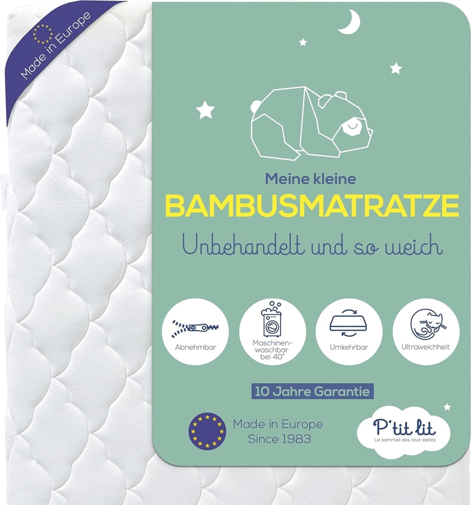 P'tit Lit - Babymatratze aus Bambus | 70x140 cm | Weiche und saugfähige Viskose | Ohne chemische Behandlung | Abnehmbar | OekoTex® | Dicke bis zu 10 cm Bild 1