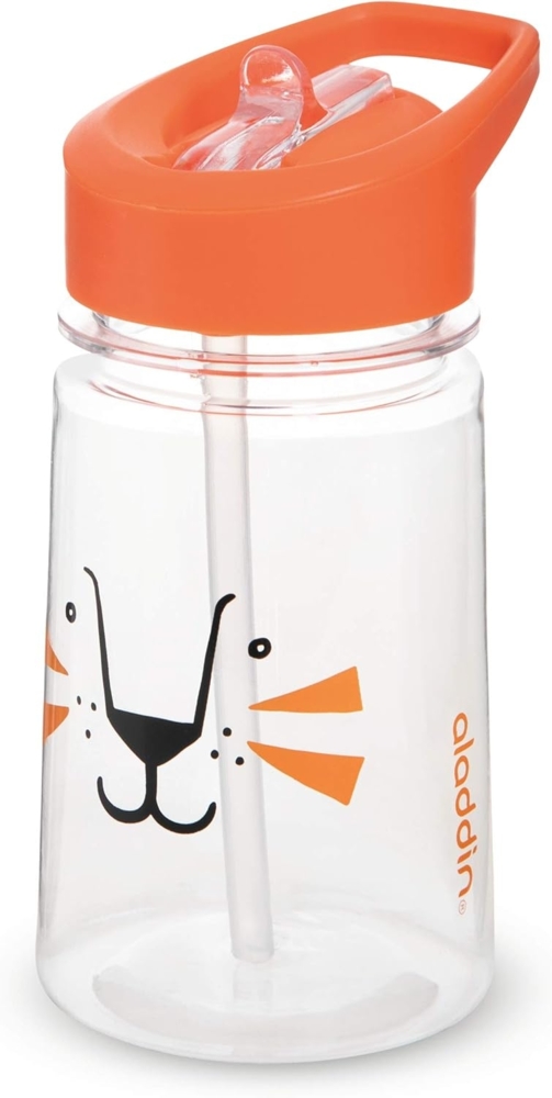 Aladdin Zoo Flip & Sip Kinder-Trinkflasche, 350ml, Orange, Motiv Löwe, Kinderflasche Trinklernflasche Strohhalmflasche Bild 1