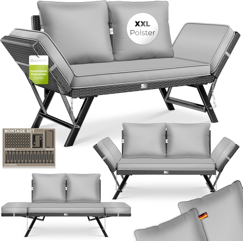 KESSER® Gartenbank Polyrattan Luna mit Liegefunktion Gartensofa 4-in-1 Verstellfunktion Gartencouch Wetterfest, Balkonsofa Verstellbare Armlehnen, Extra Dicke & Weiche Polster, Garten/Balkon/Terrasse Schwarz / Grau Bild 1