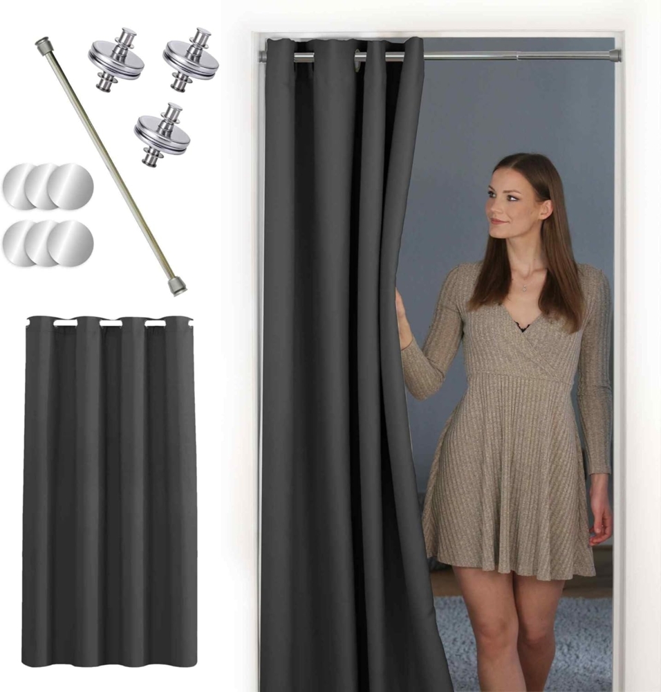 tinycurtains Türvorhang mit Stange silber 55-90 cm ohne Bohren, Thermo Vorhang mit Magneten, Ösen, abdunkelnd, Polyester, blickdicht, Anthrazit Nebula, Türgardine mit Klemmstange verdunkelnd Bild 1
