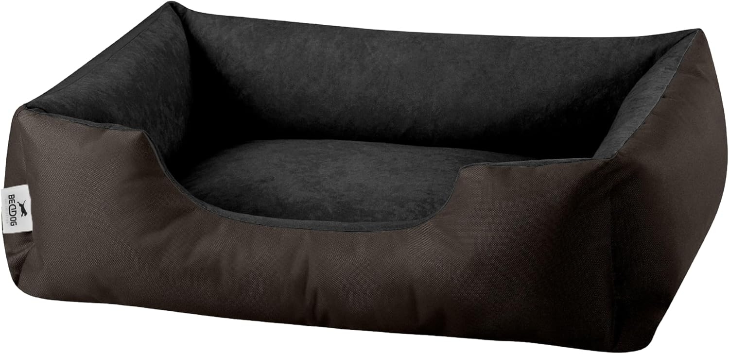 BedDog Hundebett LUPI, Hundesofa aus Cordura, Microfaser-Velours, waschbares Hundebett mit Rand, Hundekissen vier-eckig (S) ca. 55x40x17cm, MOCCA (braun/schwarz) Bild 1