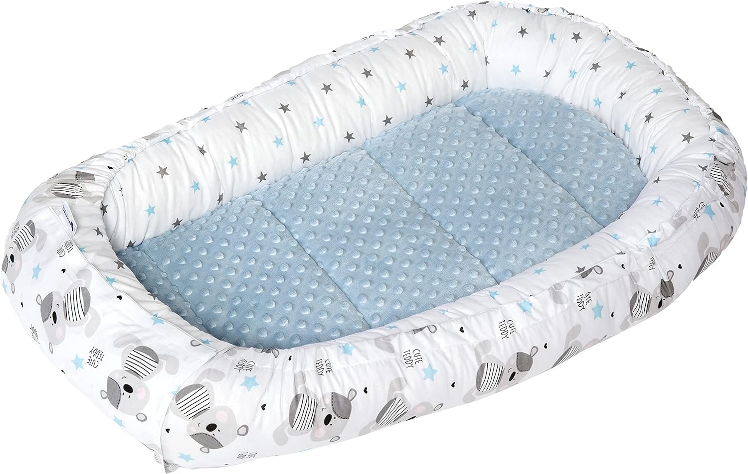 Medi Partners Babynest Kuschelnest Babynestchen 100% Baumwolle Nestchen Reisebett für Babys Säuglinge 100 x 60 x 15 cm herausnehmbarer Einsatz (Teddybär mit hellblauen Minky) Bild 1