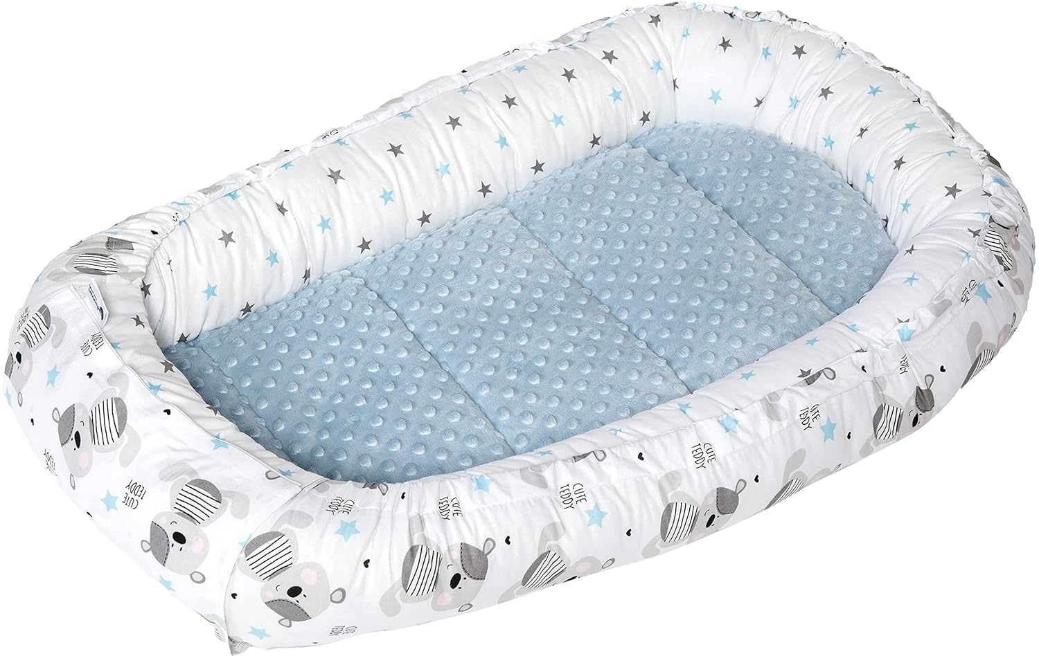 Medi Partners Babynest Kuschelnest Babynestchen 100% Baumwolle Nestchen Reisebett für Babys Säuglinge 100x60x15cm herausnehmbarer Einsatz (Teddybär mit hellblauen Minky) Bild 1