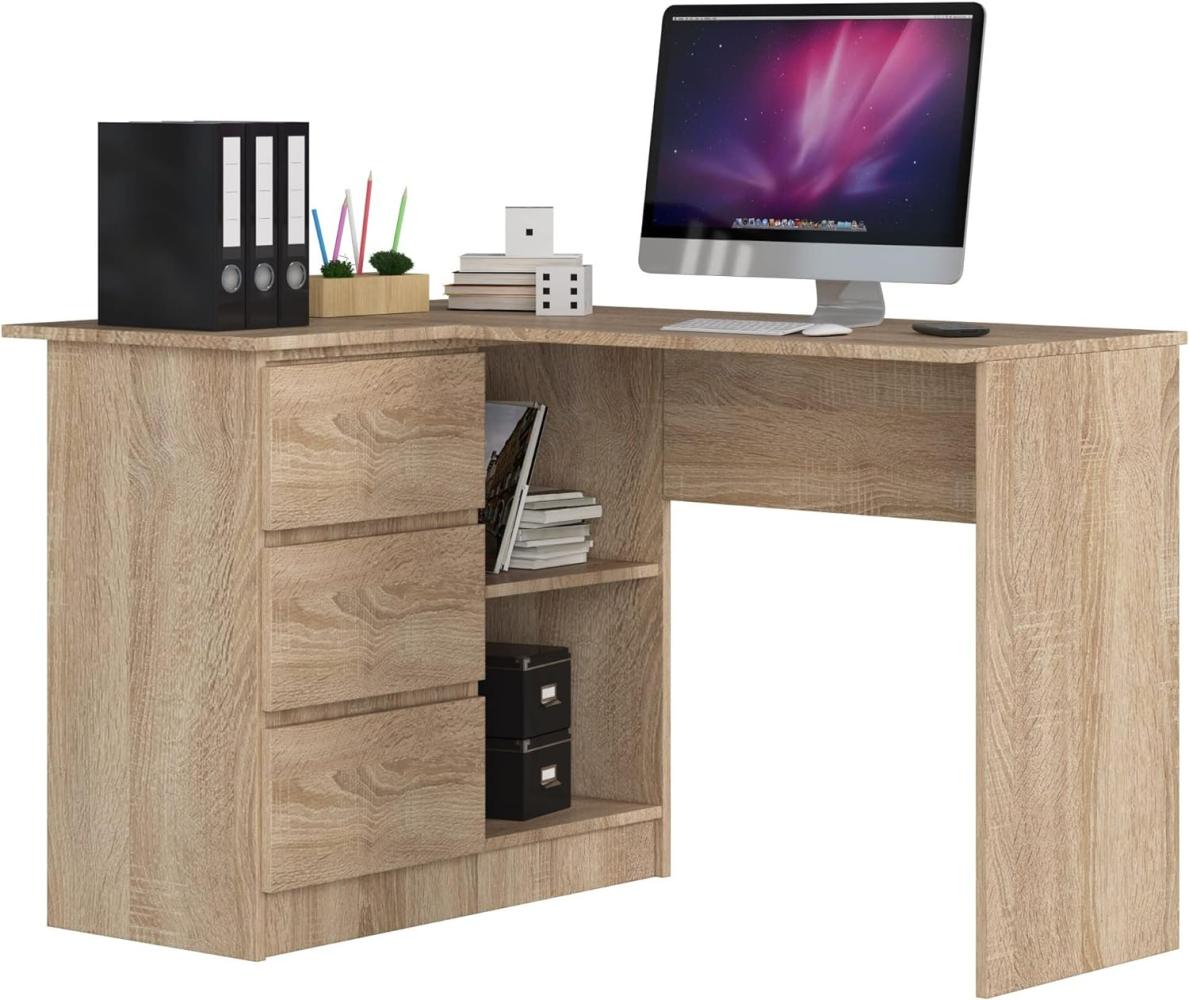 Eck-Schreibtisch B-16 mit 3 Schubladen und 2 Ablagen | Schreibtisch | ecktisch | Eck Schreibtisch für Home Office | Einfache Montage | B124 x H77 x T85, 48 kg Sonoma Eiche Bild 1