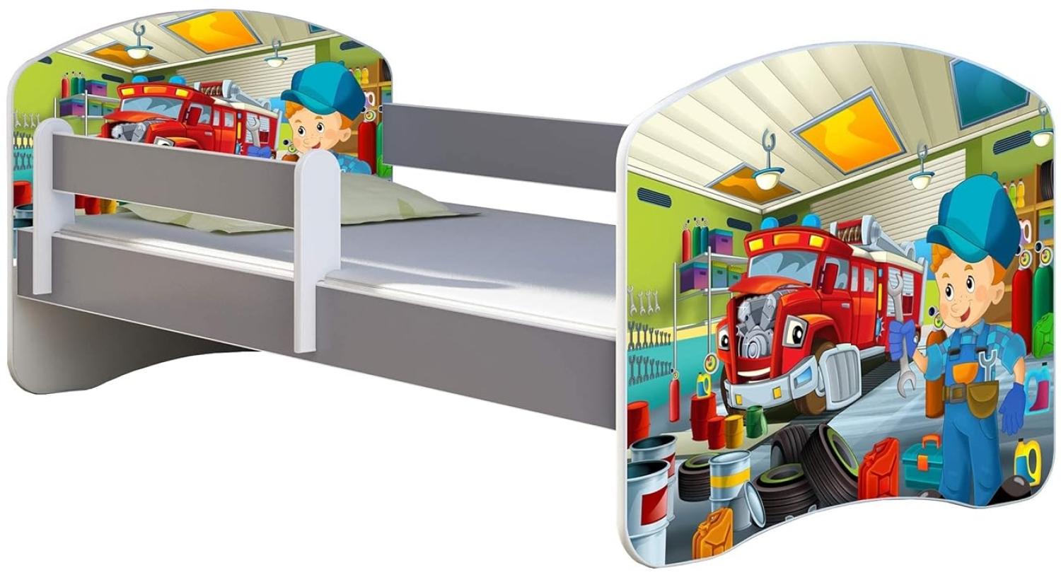 ACMA Kinderbett Jugendbett mit Einer Schublade und Matratze Grau mit Rausfallschutz Lattenrost II (45 Mechaniker, 160x80) Bild 1