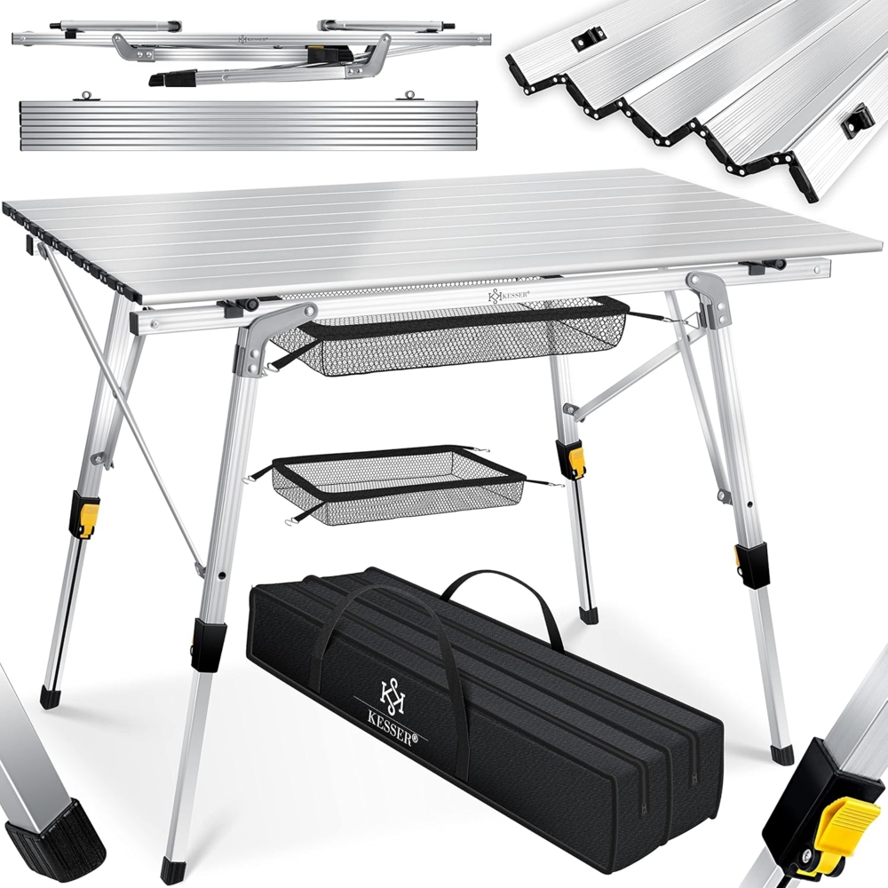 KESSER® Campingtisch faltbar Klapptisch mit Aluminiumrahmen Aufrollbare Tischplatte Falttisch klappbar höhenverstellbar inkl. Tragetasche mit Trageband & Netztasche Silber Bild 1