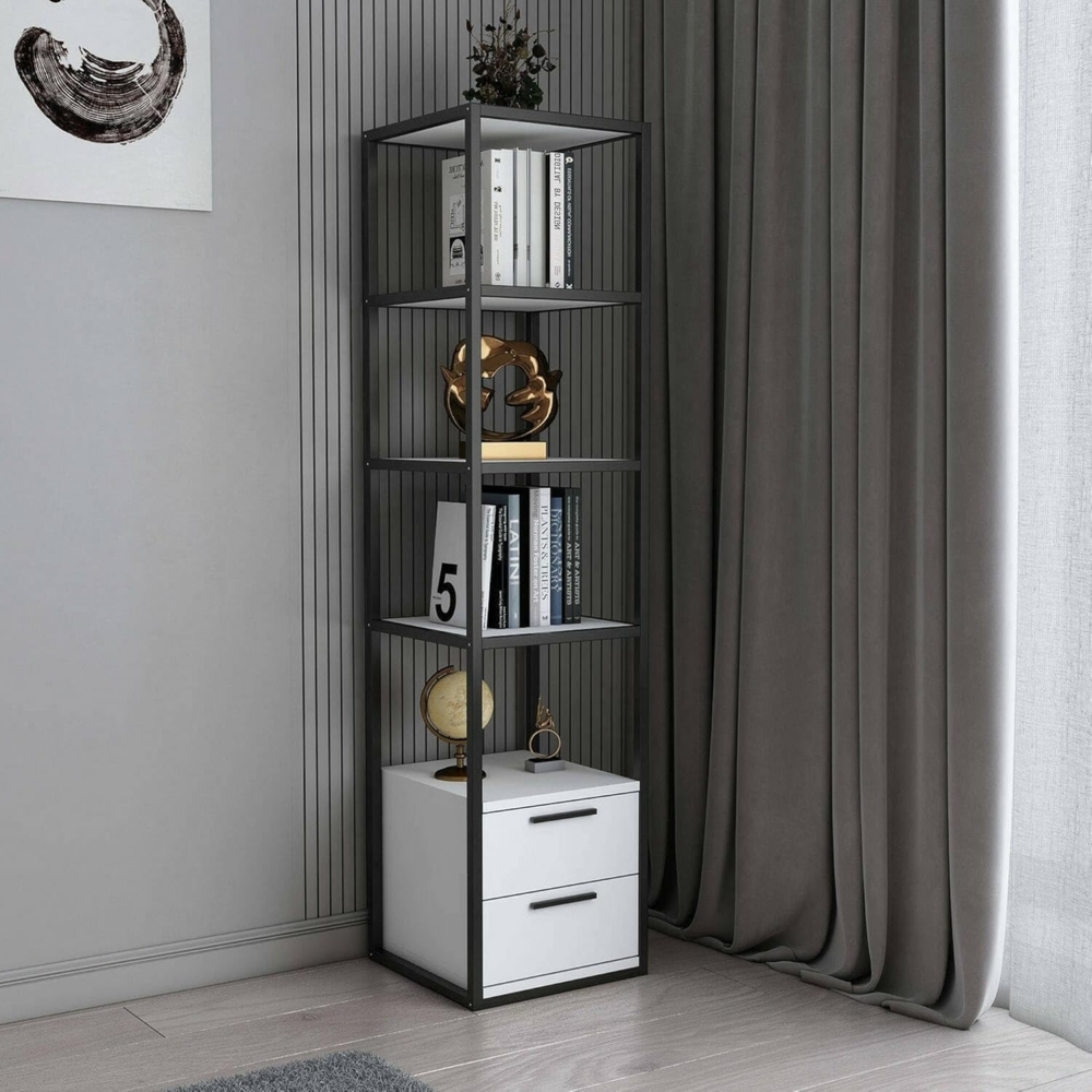 Dmora - Bücherregal Artemis, Büroregal, Mobiler Buchhalter, Bücherbrett, 39x39h169 cm, Weiß und Schwarz Bild 1