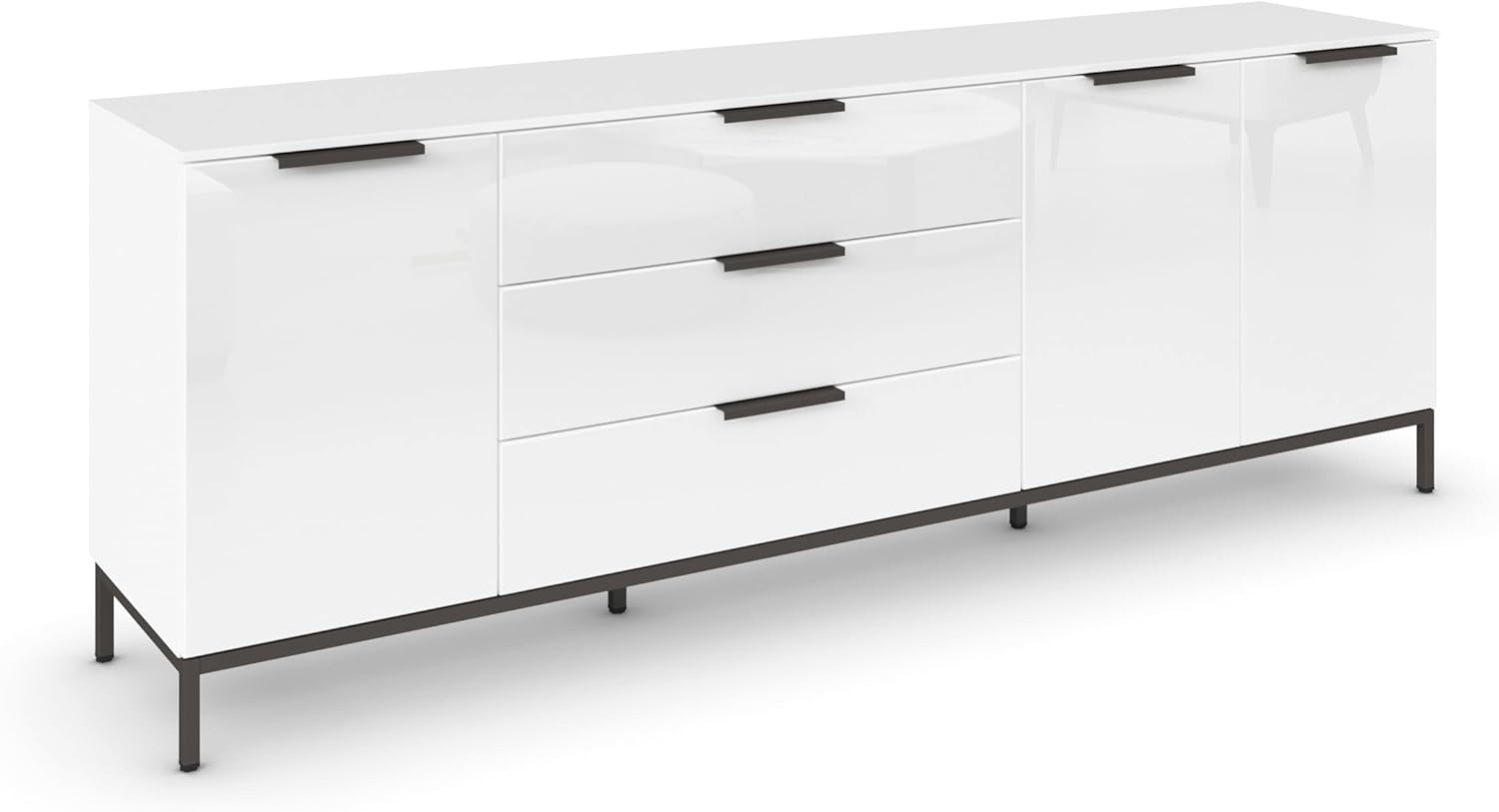 Rauch Möbel Flipp, Sideboard, TV-Schrank, Kommode mit Stauraum, mit Metallkufe Graphit, Alpinweiß/Glasfront Weiß, 3-türig, Glastüren, 3 Schubkästen, Griffe Graphit, 199 x 72 x 42 cm Bild 1