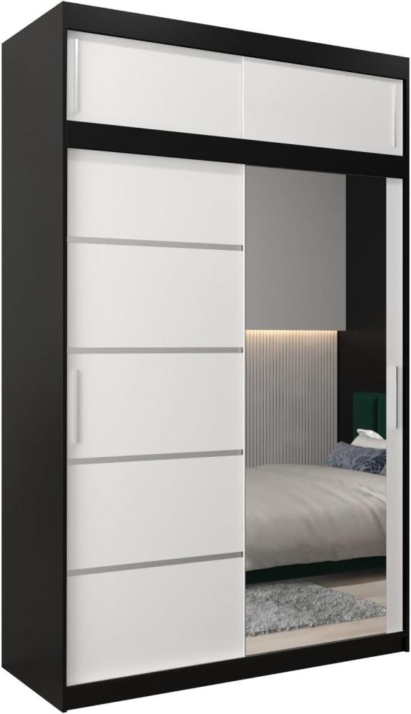 Kryspol Schwebetürenschrank Verona 2-150 cm mit Spiegel Kleiderschrank mit Kleiderstange und Einlegeboden Schlafzimmer- Wohnzimmerschrank Schiebetüren Modern Design (Schwarz + Weiß mit Erweiterung) Bild 1