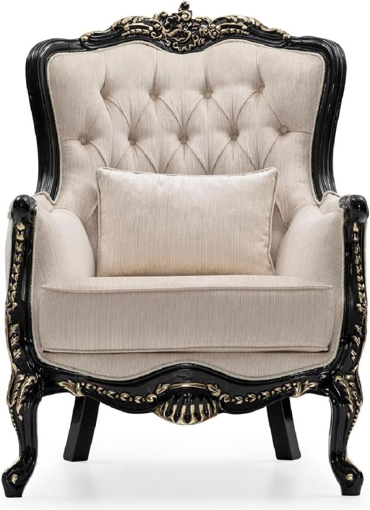 Casa Padrino Luxus Barock Wohnzimmer Sessel Creme / Schwarz / Gold - Handgefertigter Barockstil Sessel mit dekorativem Kissen - Luxus Wohnzimmer Möbel im Barockstil - Barock Möbel Bild 1