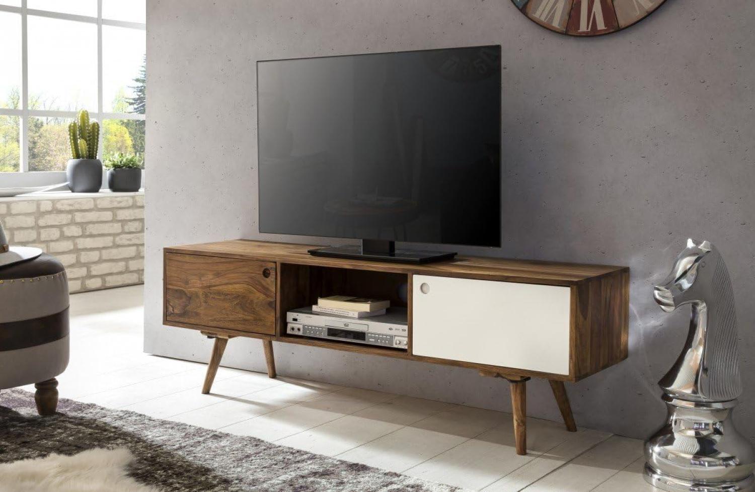 Wohnling TV Lowboard 140 cm Massiv-Holz Sheesham Landhaus 2 Türen & Fach, braun/weiß Bild 1