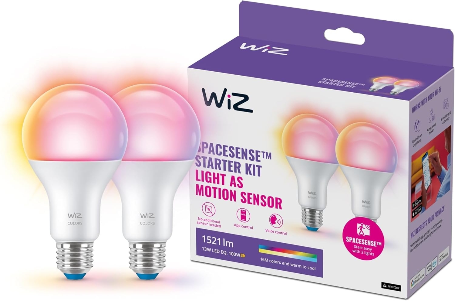 WiZ E27 LED Lampe Tunable White & Color, dimmbar, 100W, 16 Mio. Farben, smarte Steuerung per App/Stimme über WLAN, Doppelpack Bild 1