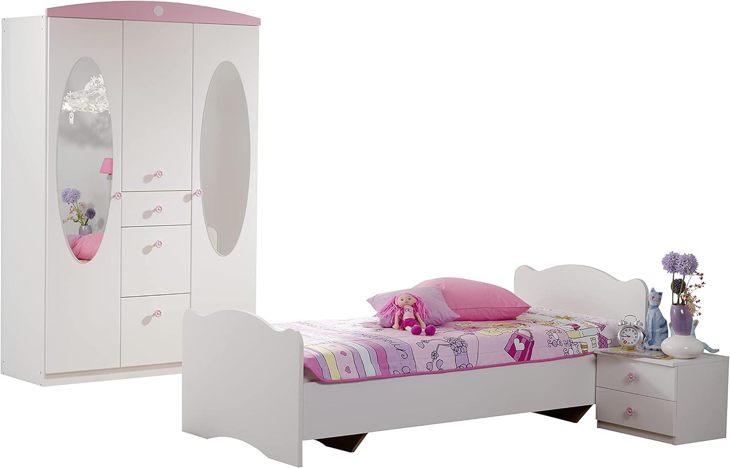 Rauch Möbel Tabea Kinderzimmer-Set 3-teilig, Weiß/Rosafarben, Schrank mit Spiegel 3-türig 3 Schubladen - Bett Liegefläche 90/200 - Nachttisch mit 2 Schubladen Bild 1