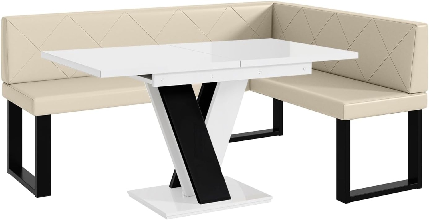 MEBLINI Eckbank für Esszimmer mit ausziehbarem Tisch - Küchenbank - Essecke - Sitzecke Küche - ERIC - U-Beine 128x168x87cm Rechts - Creme Kunstleder/M Weiß-Schwarz Hochgl. Bild 1