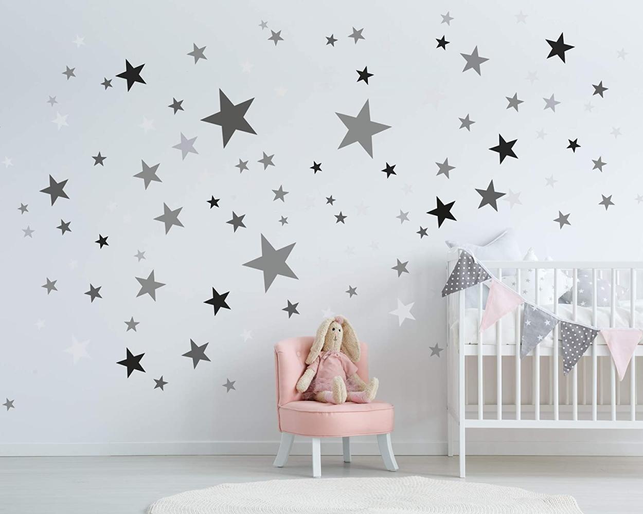 25 Sterne Wandtattoo fürs Kinderzimmer - Wandsticker Set - Pastell Farben, Baby Sternenhimmel zum Kleben Wandaufkleber Sticker Wanddeko - Kleinkinder, Erstausstattung auf Rauhfaser, Grau - Schwarz Bild 1