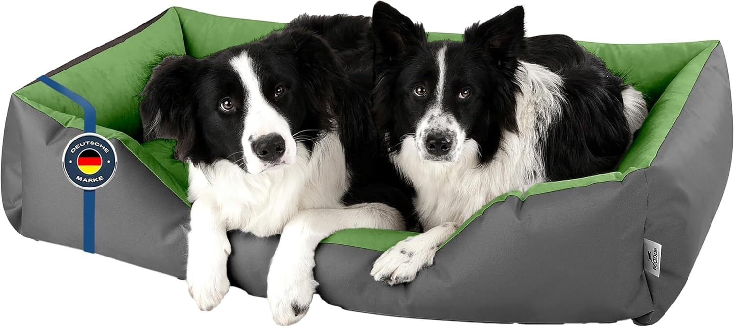 BedDog Hundebett LUPI, Hundesofa aus Cordura, Microfaser-Velours, waschbares Hundebett mit Rand, Hundekissen vier-eckig (XXXL) ca. 150x110x28cm, GREEN-ROCK (grau/grün) Bild 1