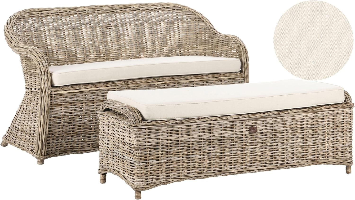 Beliani 'SUSUA' Gartensofa mit Ottomane, 2-Sitzer, Rattan natur, 141 x 69 x 86 cm Bild 1