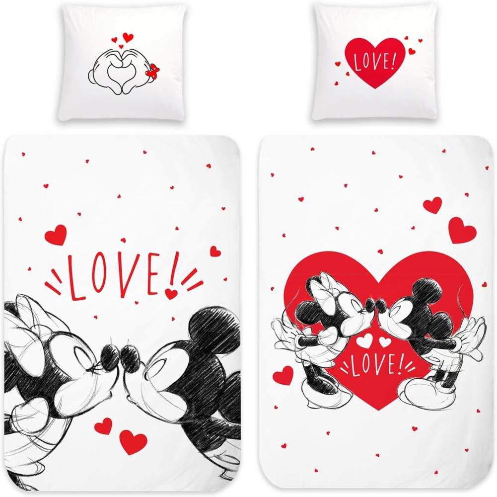 BERONAGE Kinderbettwäsche Minnie Mouse und Mickey Mouse Love Bettwäsche Linon / Renforcé, 100% Baumwolle, 2 teilig, 135x200 + 80x80 cm Bild 1