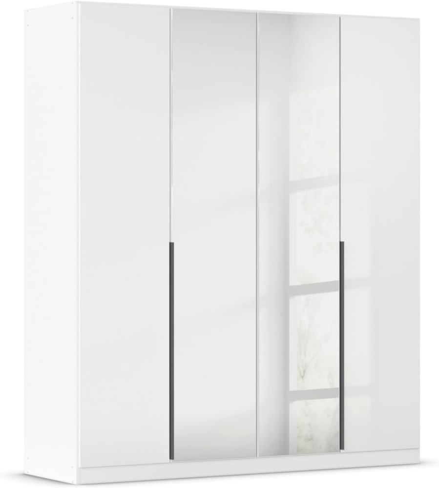 Rauch Möbel Alabama, Kleiderschrank, Garderobenschrank, 4-türig, Spiegel, Zubehör Basic, 2 Kleiderstangen, 2 Einlegeböden, Farbe Hochglanz Weiß/Weiß, Griff Grau metallic, 181 x 210 x 54 cm Bild 1