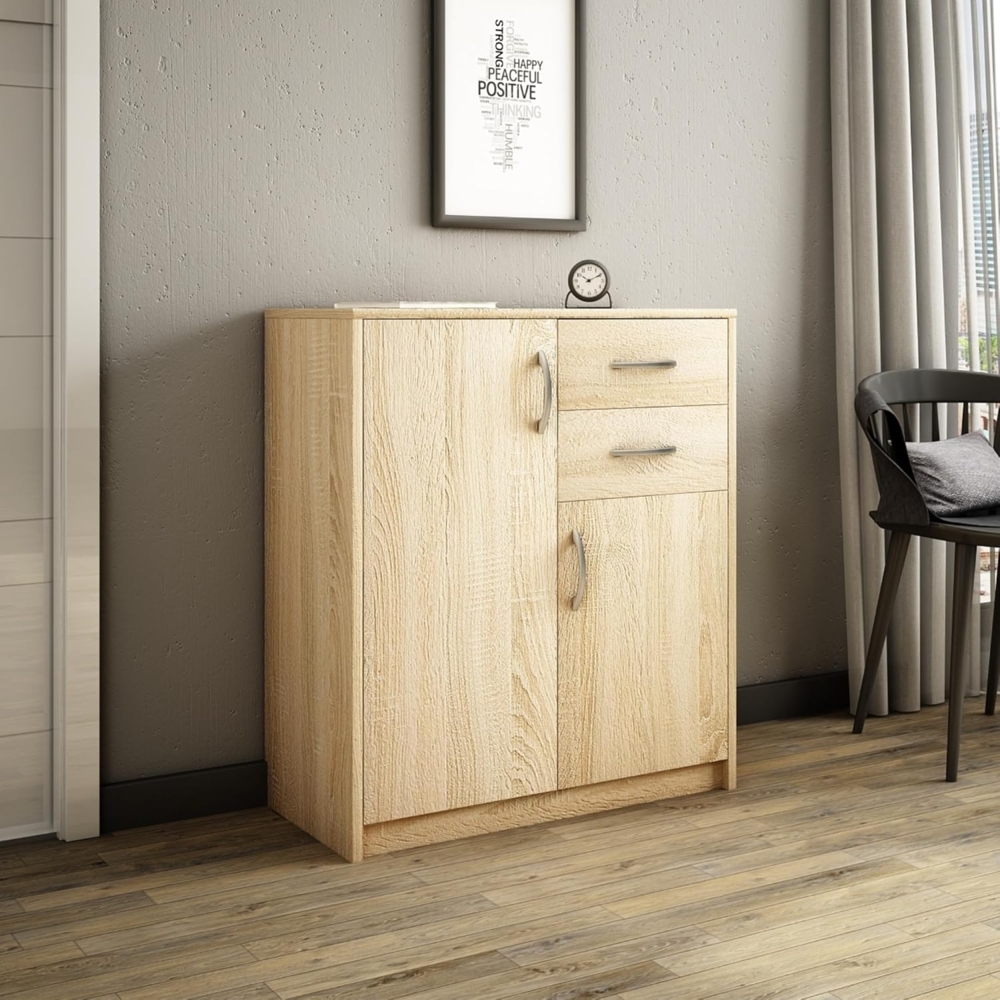 Home Collective Kommode mit 2 Schubladen und 2 Türen in matter Ausführung, Kommode 74cm breit (Hergestellt aus laminiertem Holz, Metallrollen mit Auszugssperre), Holz Schrank Sideboard Highboard Kommode mit Schubladen Sonoma Bild 1