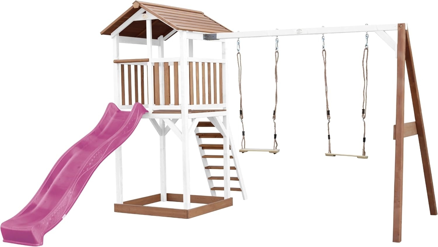 AXI Beach Tower Spielturm aus Holz in Braun & Weiß Spielhaus für Kinder mit lila Rutsche, Doppelschaukel und Sandkasten | Braun, weiß, lila | Holz | 349 cm Bild 1