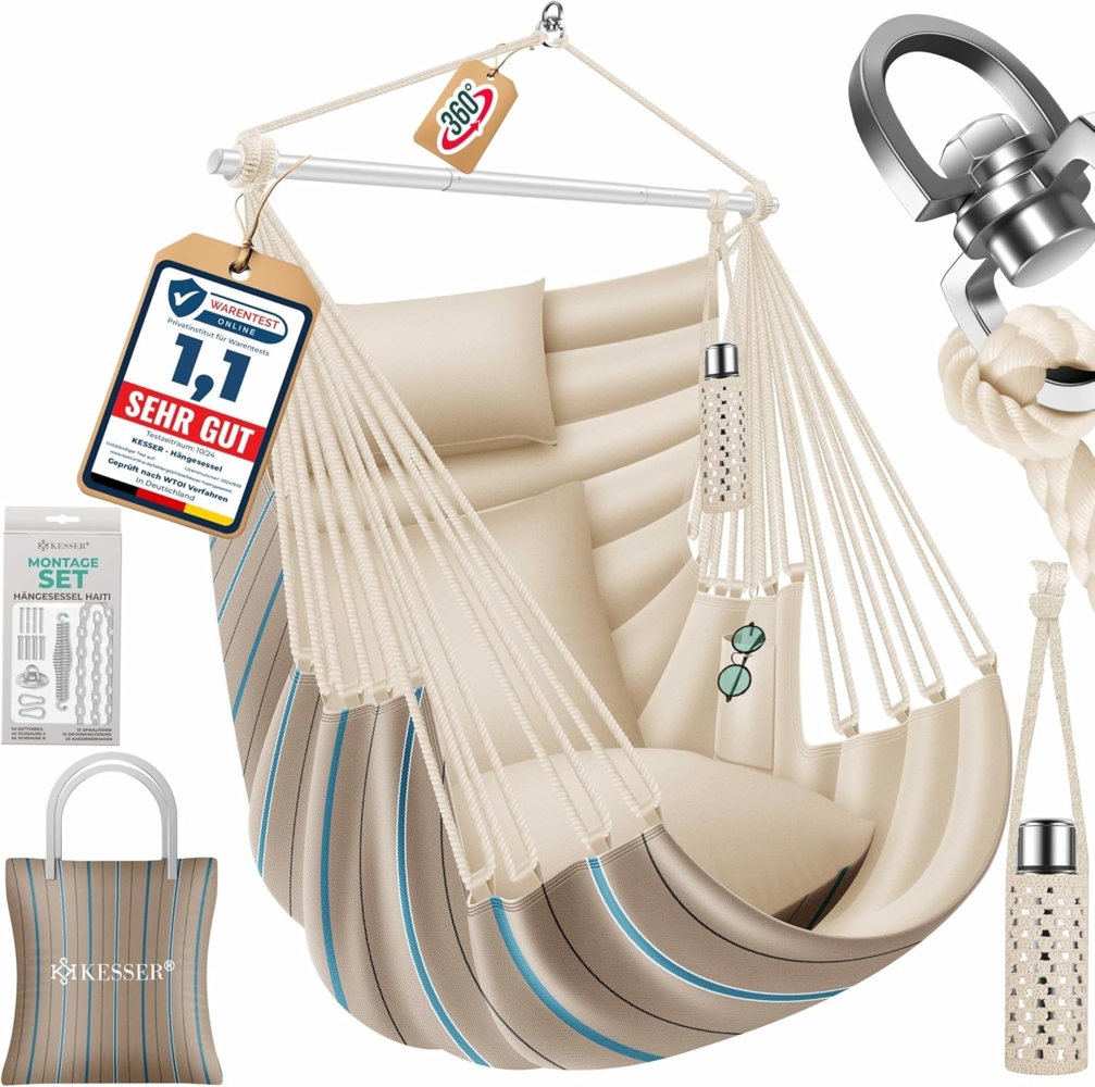 KESSER® Hängesessel Haiti 150kg Traglast, Hängestuhl 360° Drehung, Hängeschaukel Indoor-Outdoor UV-beständig & Wasserfest, Pflegeleicht, Inkl. 2 Kissen, Tragetasche, Flaschenhalter & Montage-Set Cappuccino Bild 1