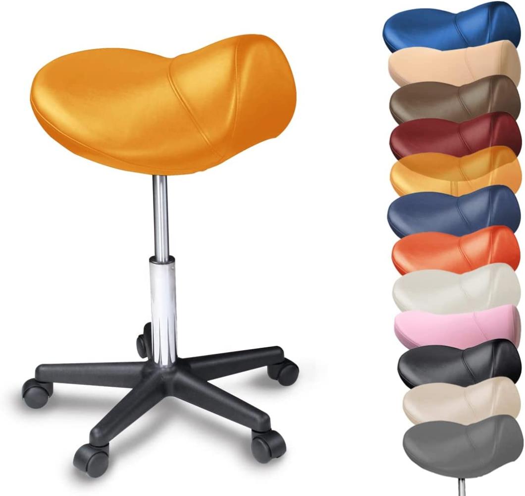 Sattelhocker/Sattelstuhl mit PU Rollen für alle Böden - ergonomisch - stufenlos höhenverstellbar - viele Farben - 360° drehbar - Arbeitshocker - Praxishocker - Kein Werkzeug notwendig (Gelb) Bild 1