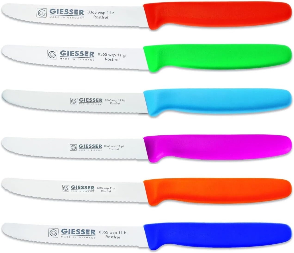 Giesser Messer Tomatenmesser Brötchenmesser 8365 wsp 11-6, 6er Set bunt gemischt, 3mm Wellenschliff, extrem Scharf Bild 1