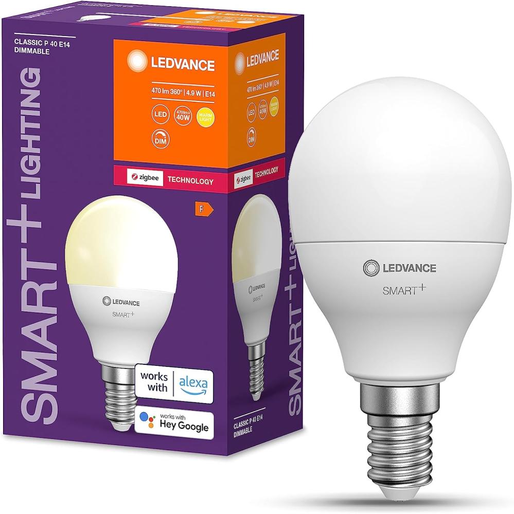 LEDVANCE ZIgbee e14 LED Lampe, smart home P40 Leuchtmittel mit 4,9 W (470Lumen) ersetzt 40W Glühbirne, dimmbar, Warm weiß (2700K), kompatibel mit Philips Hue, Alexa, google oder App, Lampe im 1er-Pack Bild 1