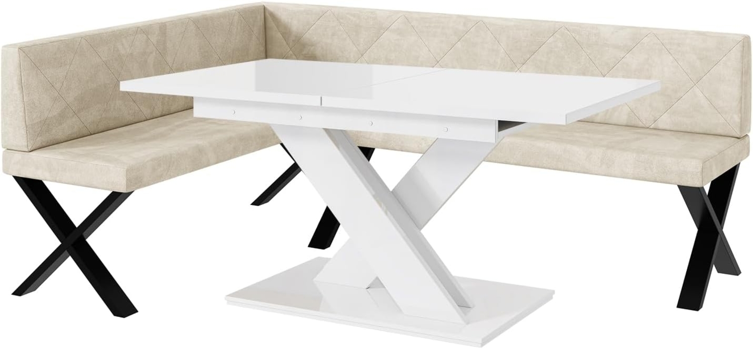 MEBLINI Eckbank für Esszimmer mit ausziehbarem Tisch - Küchenbank - Essecke - Sitzecke Küche - ERIC - X-Beine 142 x 196 x 87 cm Links - Creme Samt/B Weiß Hochgl. Bild 1