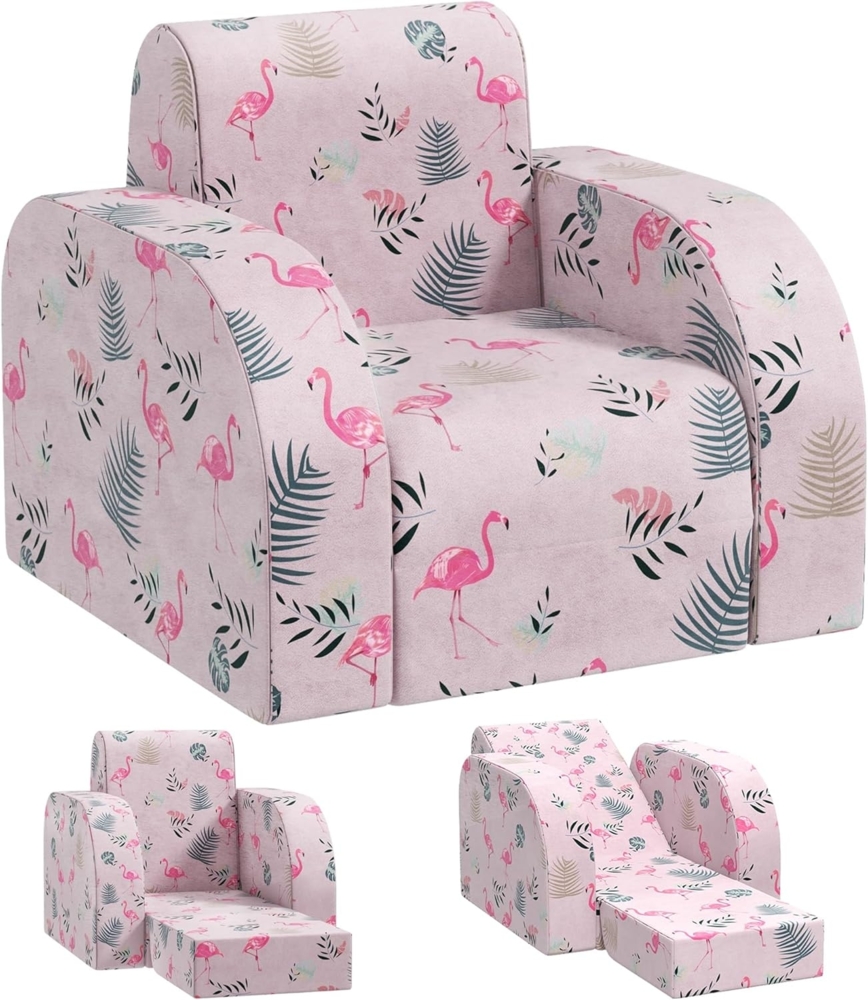 AIYAPLAY Kindersessel mit Liegefunktion, Flamingo-Muster (Kinderstuhl, 1-St, Klappbar Kindersofa), für Kinder 1,5-3 Jahre, Kinderzimmer, Spielzimmer, Rosa Bild 1