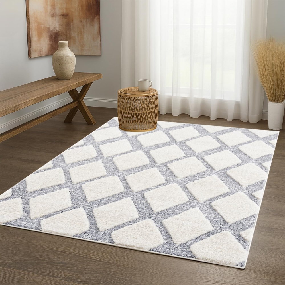 Teppich Wohnzimmer Hochflor - Boho - Skandinavisch - 120x170cm - Pastell Creme Grau - Raute Muster - Flauschig Weich - Wohnteppich Schlafzimmer Dekoration Bild 1