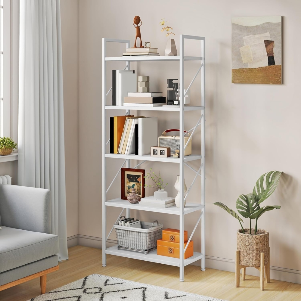 YITAHOME Bücherregal, Standregal mit 5 Ebenen, Hohes Lagerregal mit Metallrahmen, Industrielles Ausstellungsregal, Regaleinheiten, für Wohnzimmer, Schlafzimmer, Homeoffice, Küche, Reines Weiß Regal Bild 1