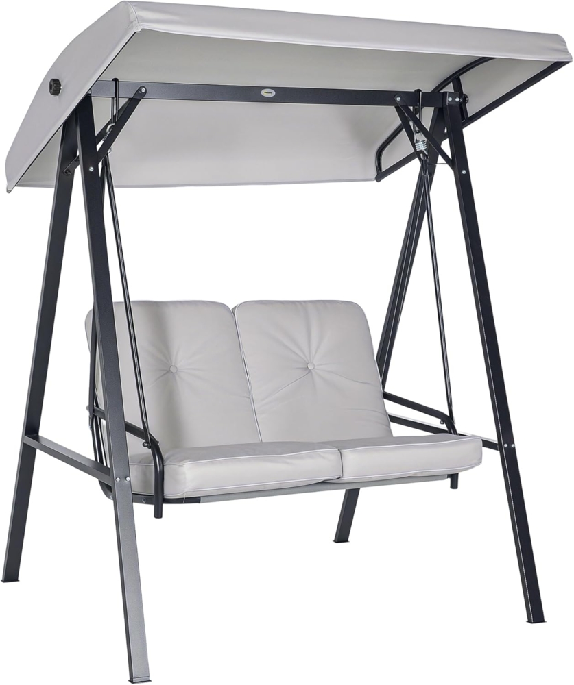 Outsunny Hollywoodschaukel mit Verstellbarem Dach, Kissen, 2-Sitzer, Verstellbares Dach, Schaukelbank, 1 tlg, Gartenschaukel, bis 220 kg Belastbar, für Garten, Balkon, Grau, 145 x 116 x 172 cm Bild 1