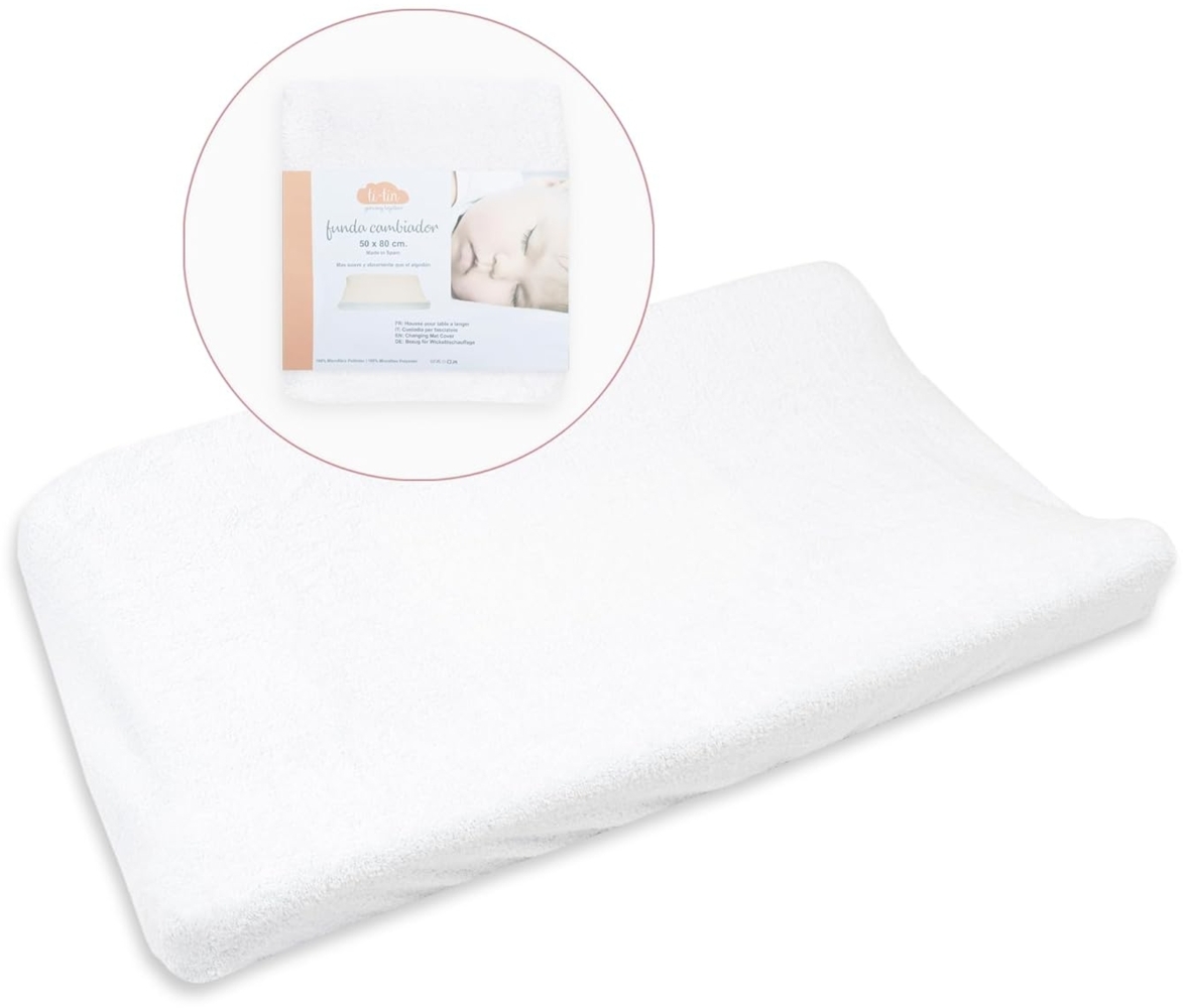 Ti TIN | Wickeltischauflagenbezug aus Frottee-Stoff, 80x50 cm | weicher und saugfähiger Wickelunterlagenbezug, Bezug aus adaptivem elastischem Gewebe, 100% Mikrofaser, Farbe: weiß Bild 1