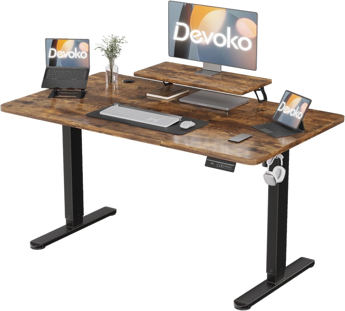 Devoko 160×70cm Elektrisch Höhenverstellbarer Schreibtisch mit Monitorständer, Computer-Schreibtisch, mit 2 Höhen-Speicherfunktionen, Vintagebraun Bild 1