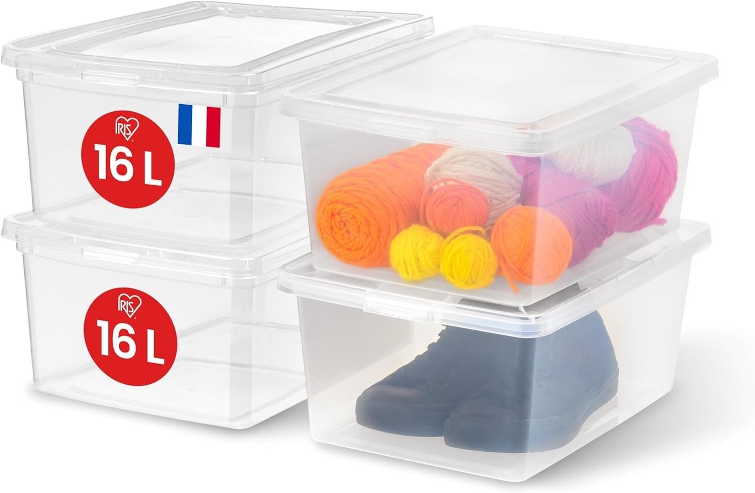 Iris Ohyama, Mehrzweck-Kunststoff-Aufbewahrungsbox, 16L, 4er Set, Transparent, Einfache Verschließung, Stapelbar, für Schlafzimmer, Küche, Büro, Badezimmer, Kleidung, Spielzeug, BPA-frei, CNL-16E Bild 1