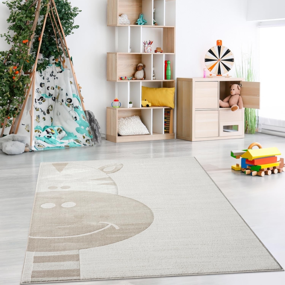 Teppich Kinderzimmer 160x230cm - Pastell Beige Creme - Kurzflor Spielteppich mit niedlichem Zebra Motiv Bild 1