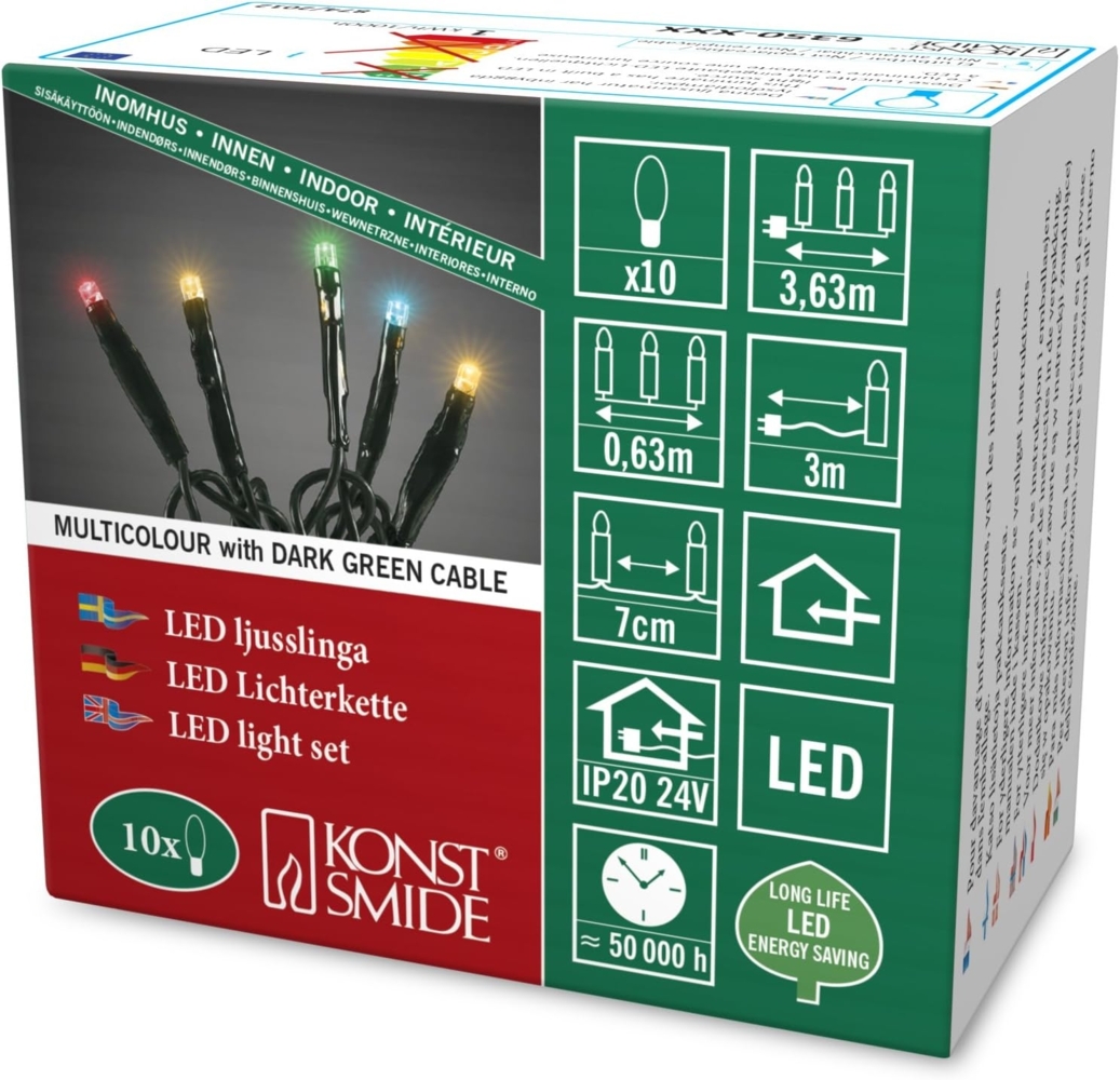 Konstsmide 6350-520 Micro LED Lichterkette / für Innen (IP20) / 10 bunte Dioden / 24V Innentrafo / dunkelgrünes Kabel Bild 1