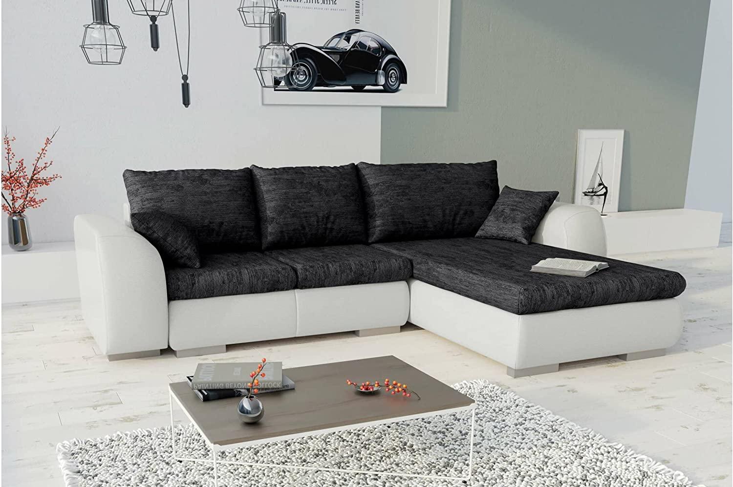 Stylefy Salturo Ecksofa Strukturstoff BERLIN Kunstleder MADRYT Schwarz Weiß Rechts Bild 1